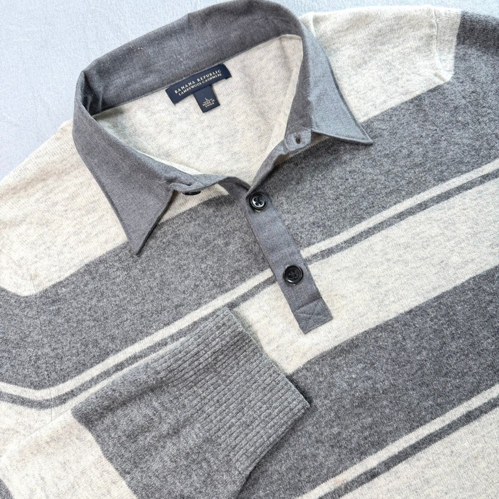 Banana Republic Polo Sweater Mens L Grey Striped Lambswool Cashmere